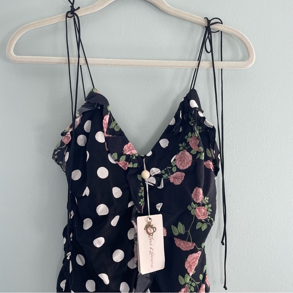 For Love And Lemons Mochi Shirred Mini Dress Black Floral Polka Print NWT XS - Picture 6 of 15